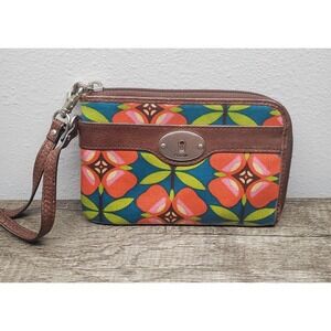 Fossil Key-Per Coated Wallet Wristlet Leather Clutch Zip Floral Teal Red Brown